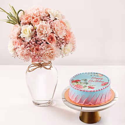 January Birthday Wish Flowers Vase And Cake