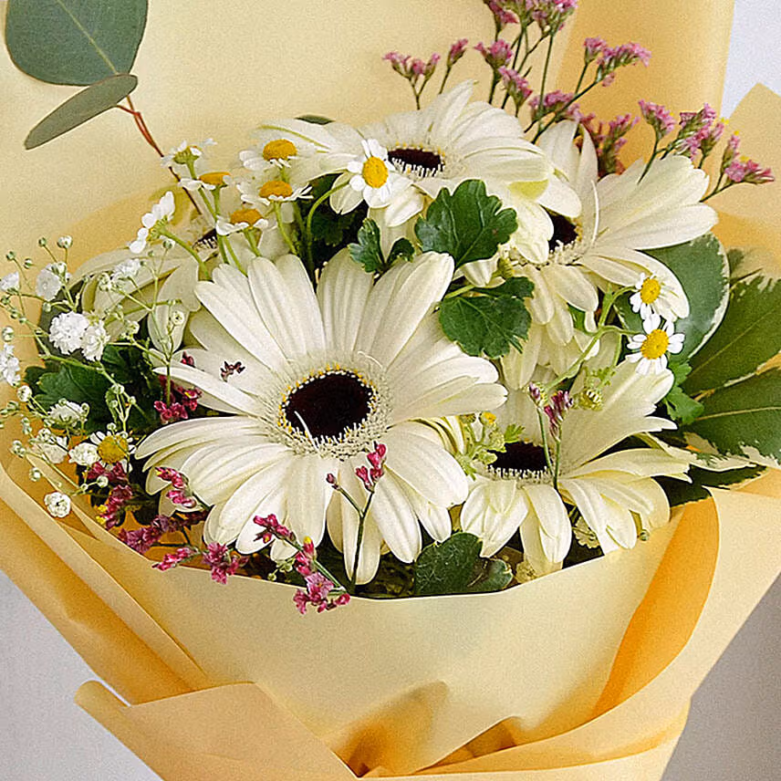 Peaceful White Gerberas Bouquet With Chocolate Cake
