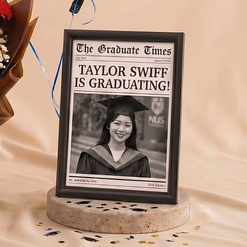 Graduation News Flash Photo Frame & Flowers