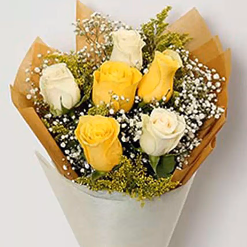 Bunch Of White and Yellow Roses & Fruit Cake