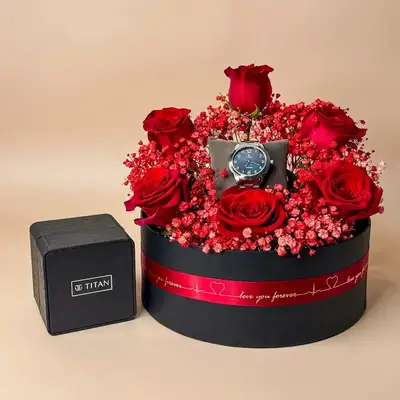Timeless Elegance: Red Roses & Titan Blue Dial Watch Gift Set