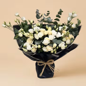 Elegant Harmony Bouquet with Peach Roses and White Eustomas