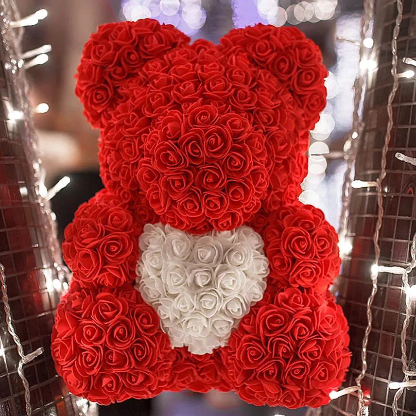 Rose Cuddle Artificial Teddy With White Heart 33Cm