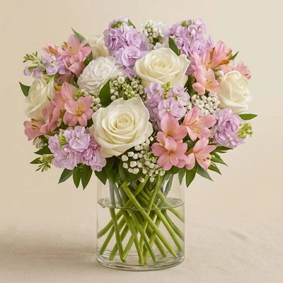 Pink With White Floral Bunch In Glass Vase