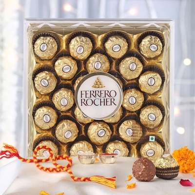 Bhai Dooj Blessings Combo: Ferrero Rocher Chocolate Delight with Mauli Thread and Roli Chawal