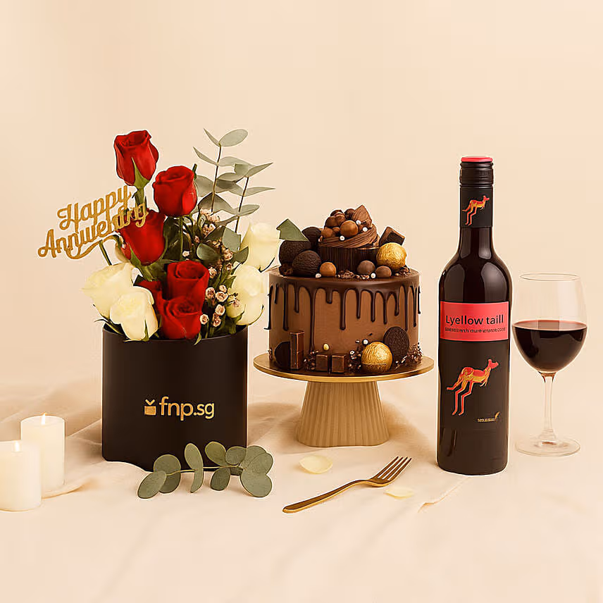 Anniversary Wishes - Flowers Cake & Wine
