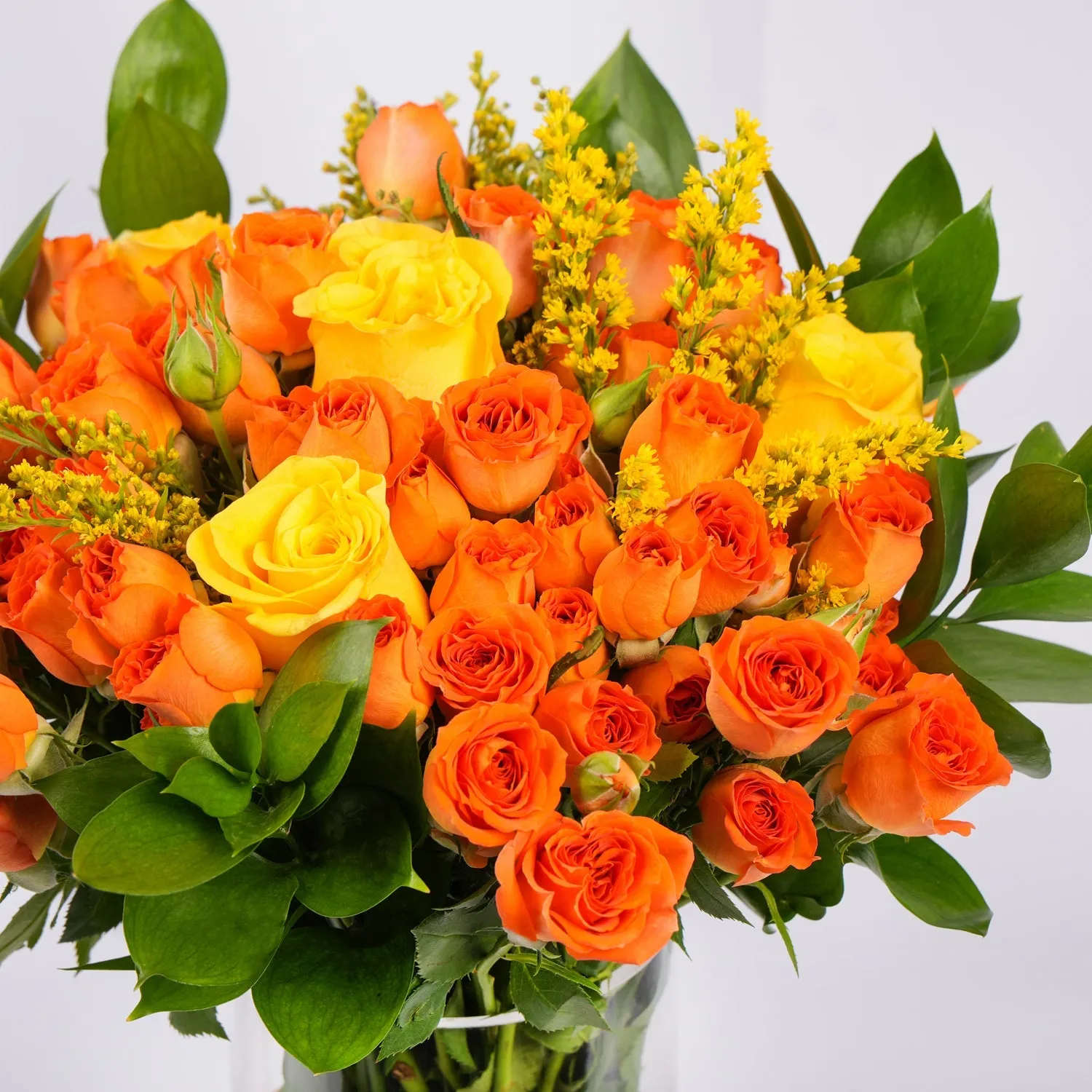Elegant Orange and Yellow Rose Vase Arrangement with Ribbon