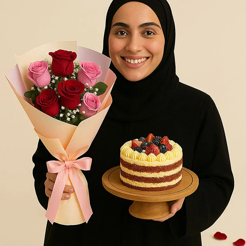 Pink and Red Roses with Red Velvet Cake