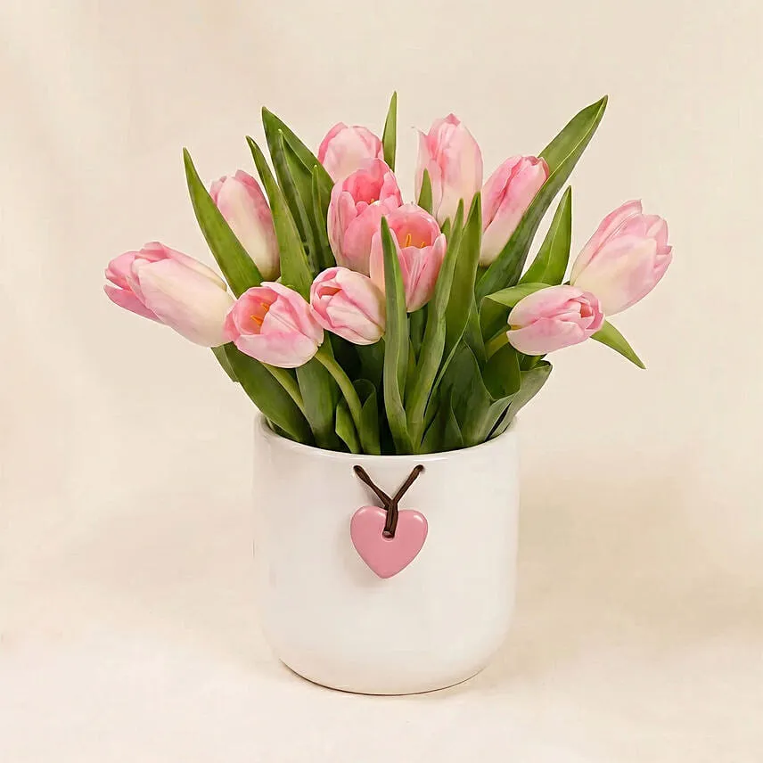 Pink Tulips In Premium Ceramic Vase