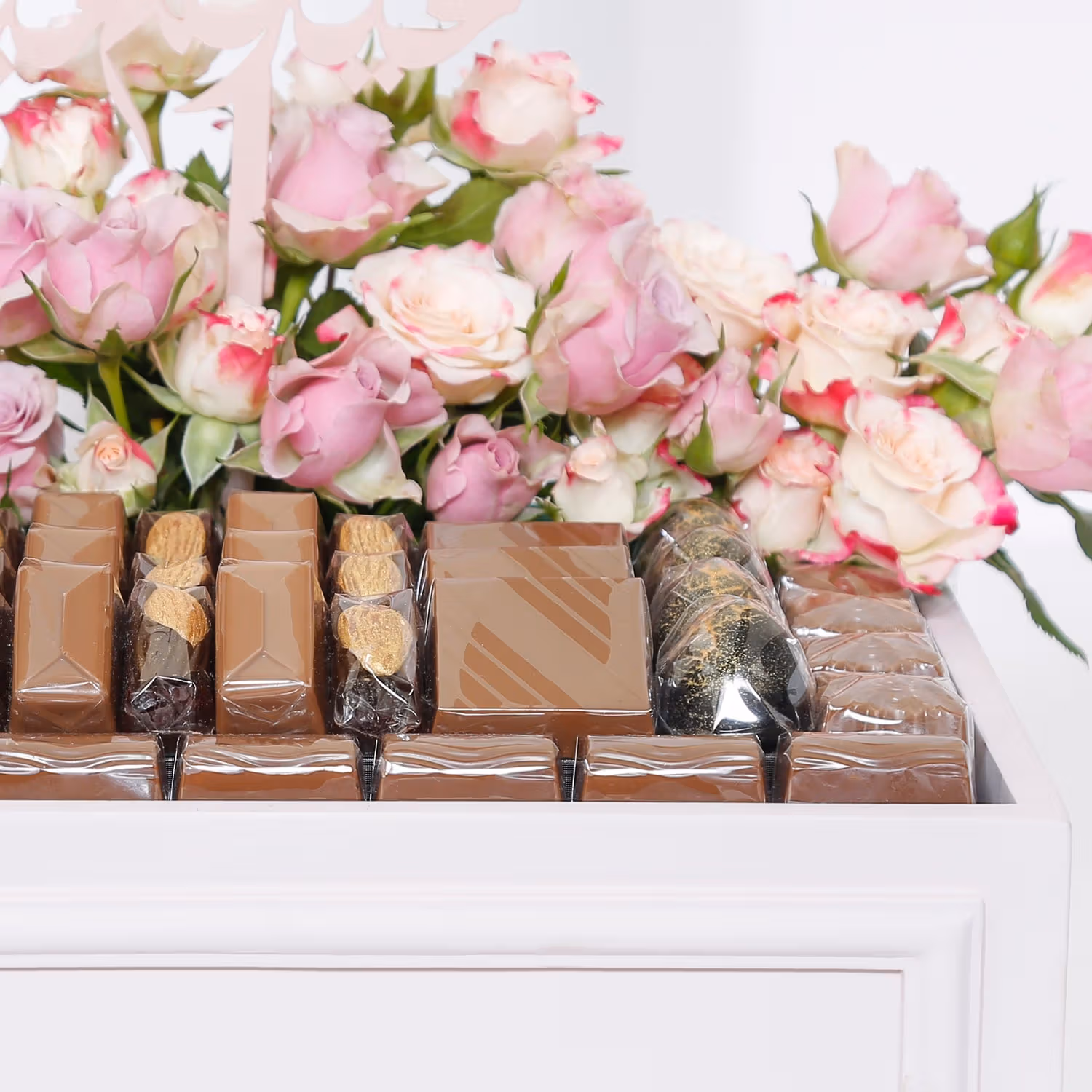 Elegant Eid Mubarak Wooden Box with Roses and Opera Patisserie Chocolates