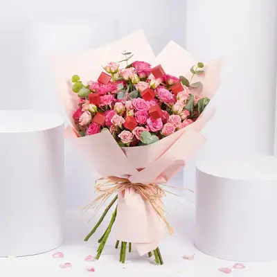 Blushing Pink Spray Rose Bouquet with Gourmet Chocolates