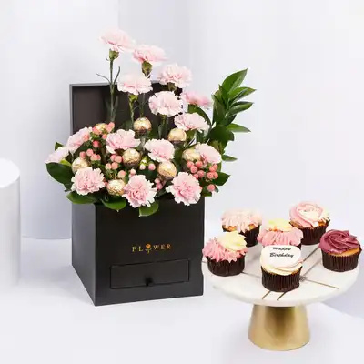Elegant Heartfelt Arrangement with Pink Carnations and Cupcakes