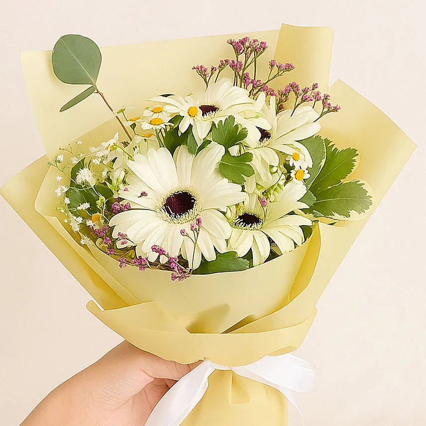 Peaceful White Gerberas Beautifully Tied Bouquet