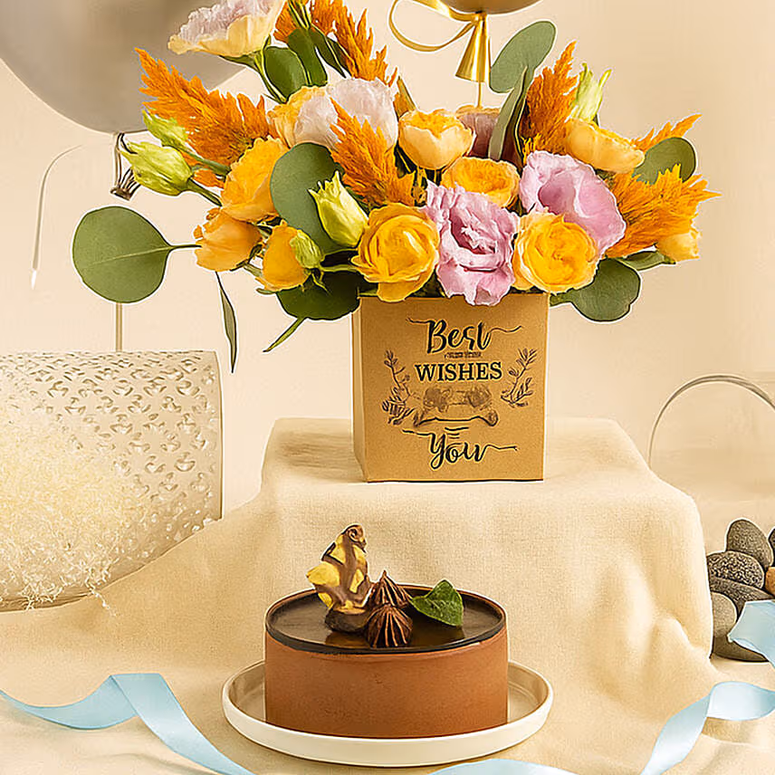 Best Wishes Flowers with Mono Cake & Balloons