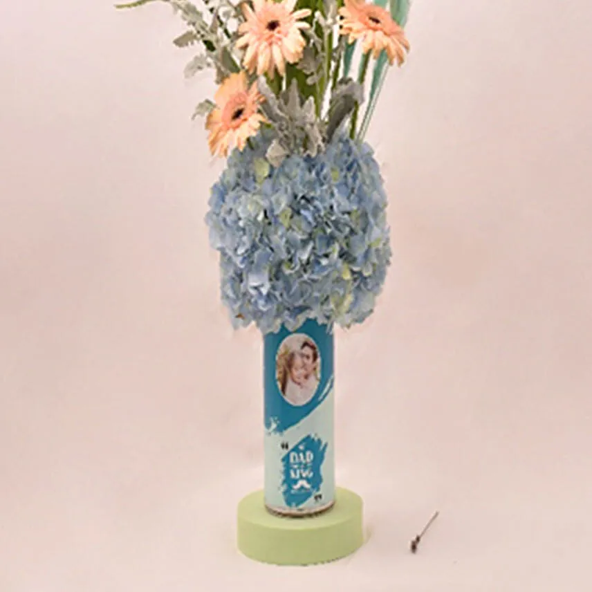 Luring Tulips With Hydrengea In Cylindrical Personlised Glass Vase