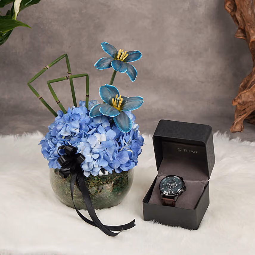 Titan Watch For Him Blue Dial With Floral Arrangement