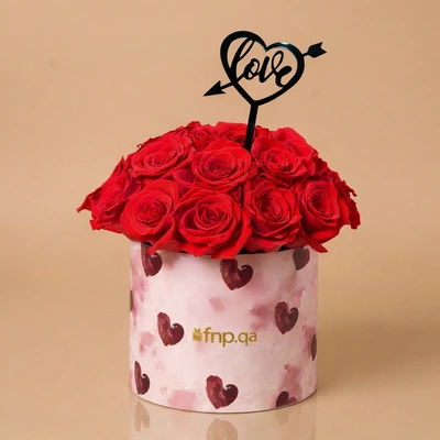 Romantic Red Roses in Heart-Printed Round Box for Valentine's Day - With Topper
