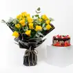 Exquisite Yellow Roses Bouquet and Decadent Choco Berry Cake Combo