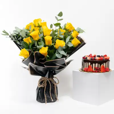 Exquisite Yellow Roses Bouquet and Decadent Choco Berry Cake Combo