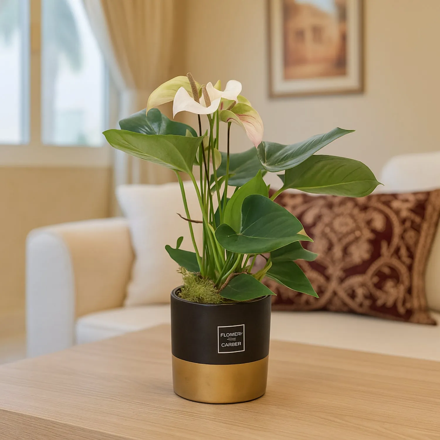 Elegant Anthurium Plant in Stylish Black & Golden Ceramic Pot