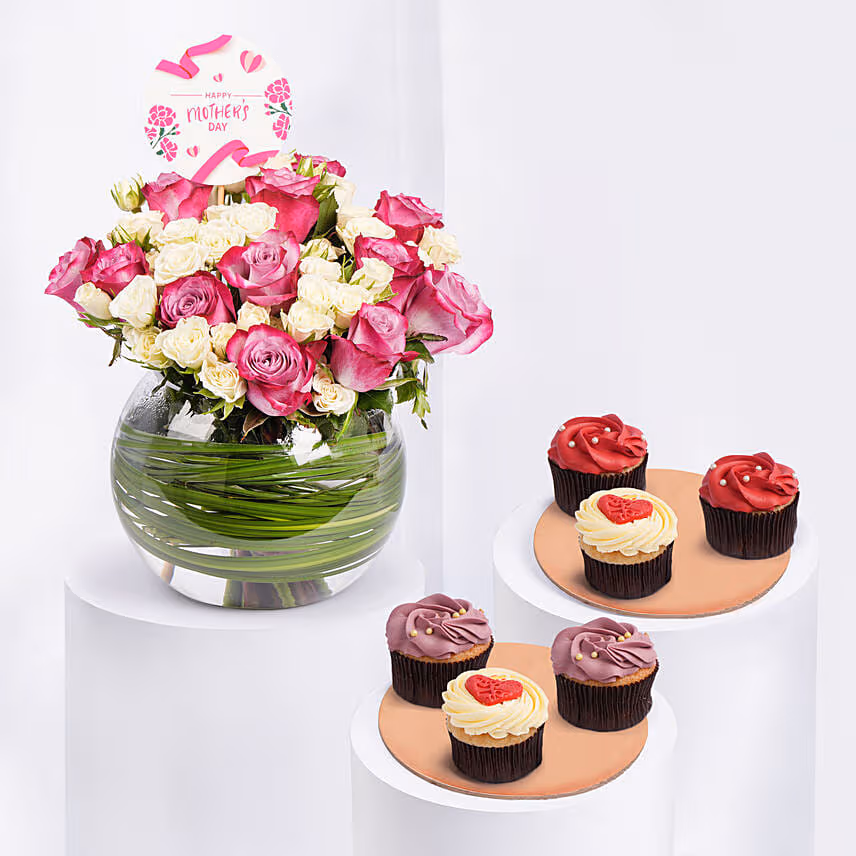 Mixed Flowers For Mom Wishes with Cup Cakes