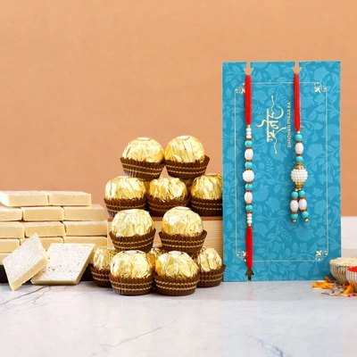 Elegant Lumba Rakhi Set with Kaju Katli & Ferrero Rocher Delight