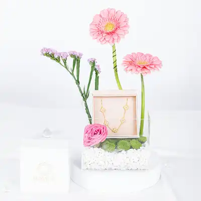 Elegant Pink Floral Gift Box with Silver Bracelet and Cubic Zirconia