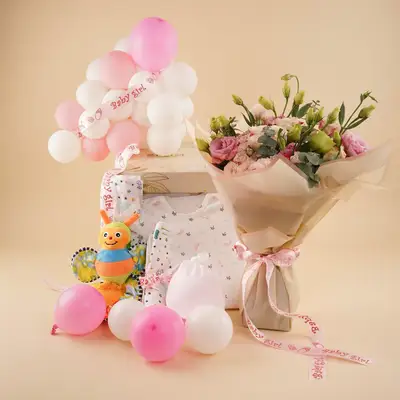 Baby Girl Hamper with Flowers n Balloons