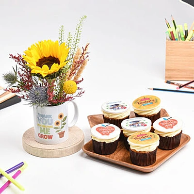 Heartfelt Teachers Day Gift Combo - Blooming Mug & Chocolate Cupcake Delight
