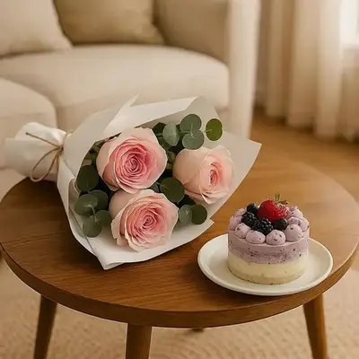 Rose Bouquet n Blueberry Mini Cake - Roses and Cake