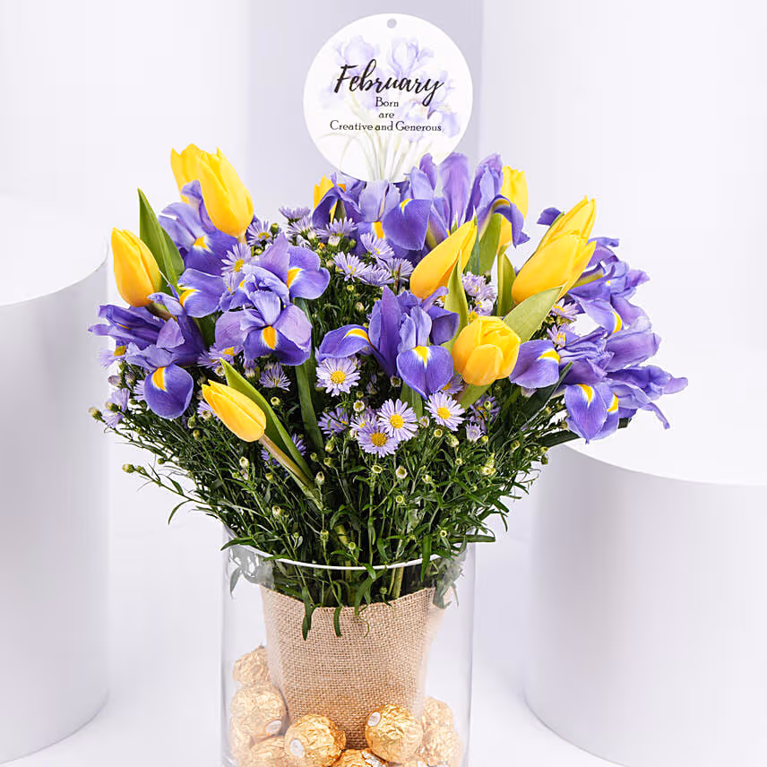 Feb Birthday Flower Iris & Tulips with Rocher