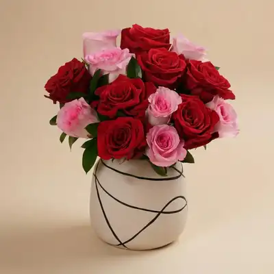 Romantic Harmony: Red & Pink Roses in Elegant Vase