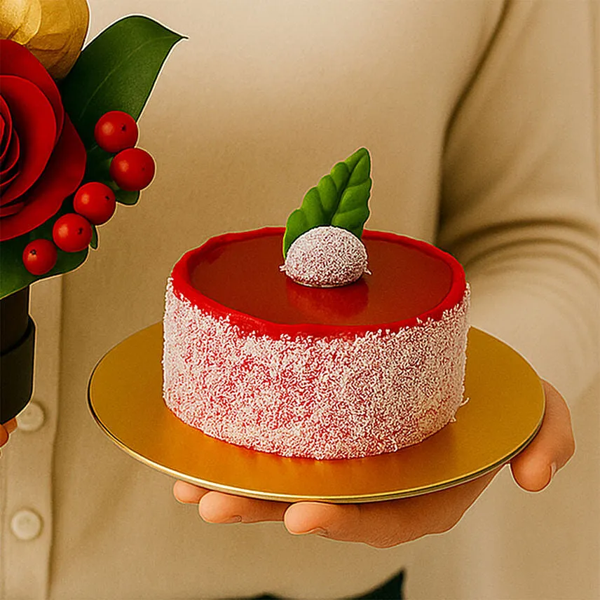 Fresh Blooms & Rocher in Round Box with Mini Mousse Cake