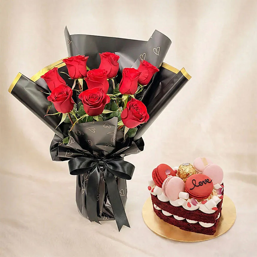 Valentines 9 Roses and Cake Combo