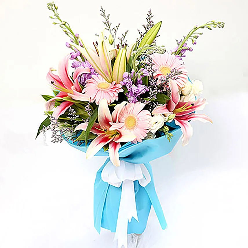 Attractive Gerberas And Lavender Flower Bouquet Add