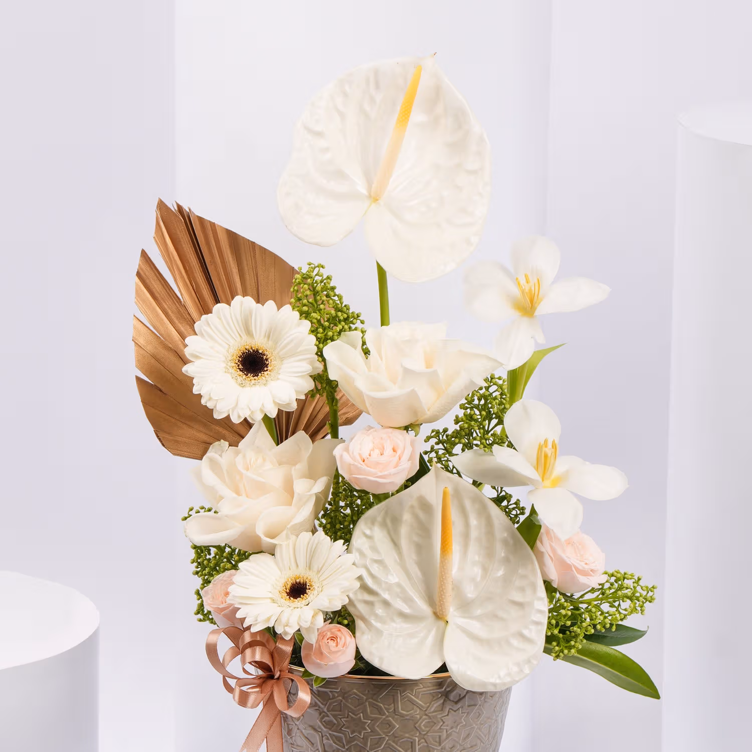 Otantik Home - Elegant Grey Ceramic Vase-White Roses