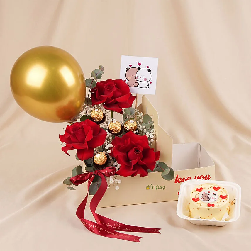 Personalised Gift Box Red Roses Love with Cake