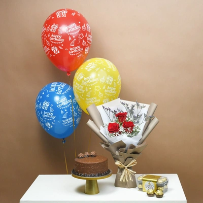 Deluxe Birthday Wishes Combo: Roses, Cake, Balloons & Chocolates