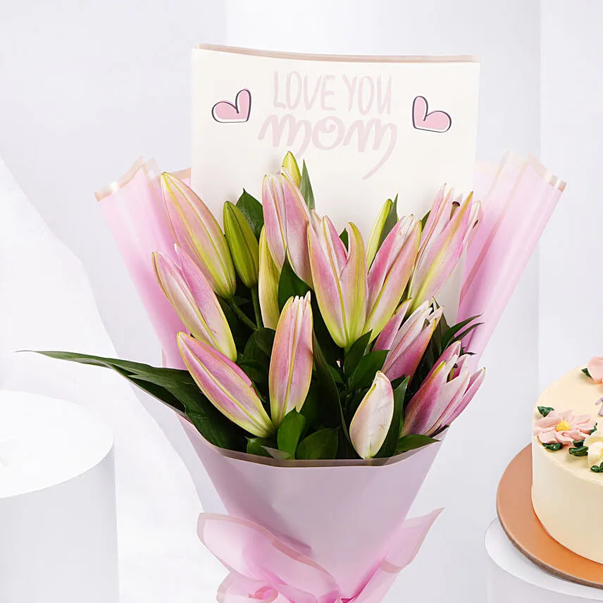Pink Lily Bouquet n Floral Mama Cake Combo 