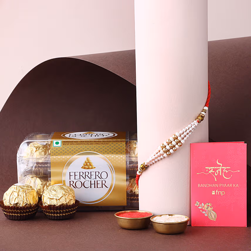 Sneh White Pearl Bead Rakhi and Ferrero Rocher Combo