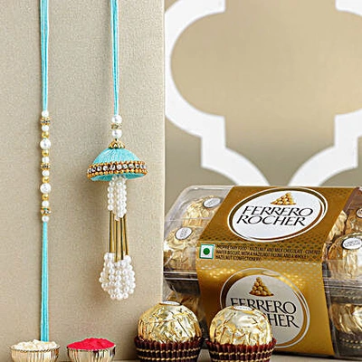 Elegant Enchanted Stone Work Lumba Pearl Rakhi Set with Ferrero Rocher Choco Combo
