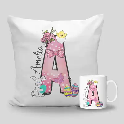 Personalized Easter Name Initial Mug and Cushion Set