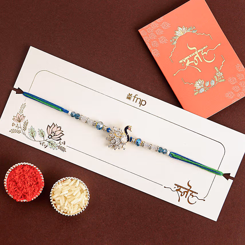 Personalized Photo Cushion With Designer Peacock Rakhi