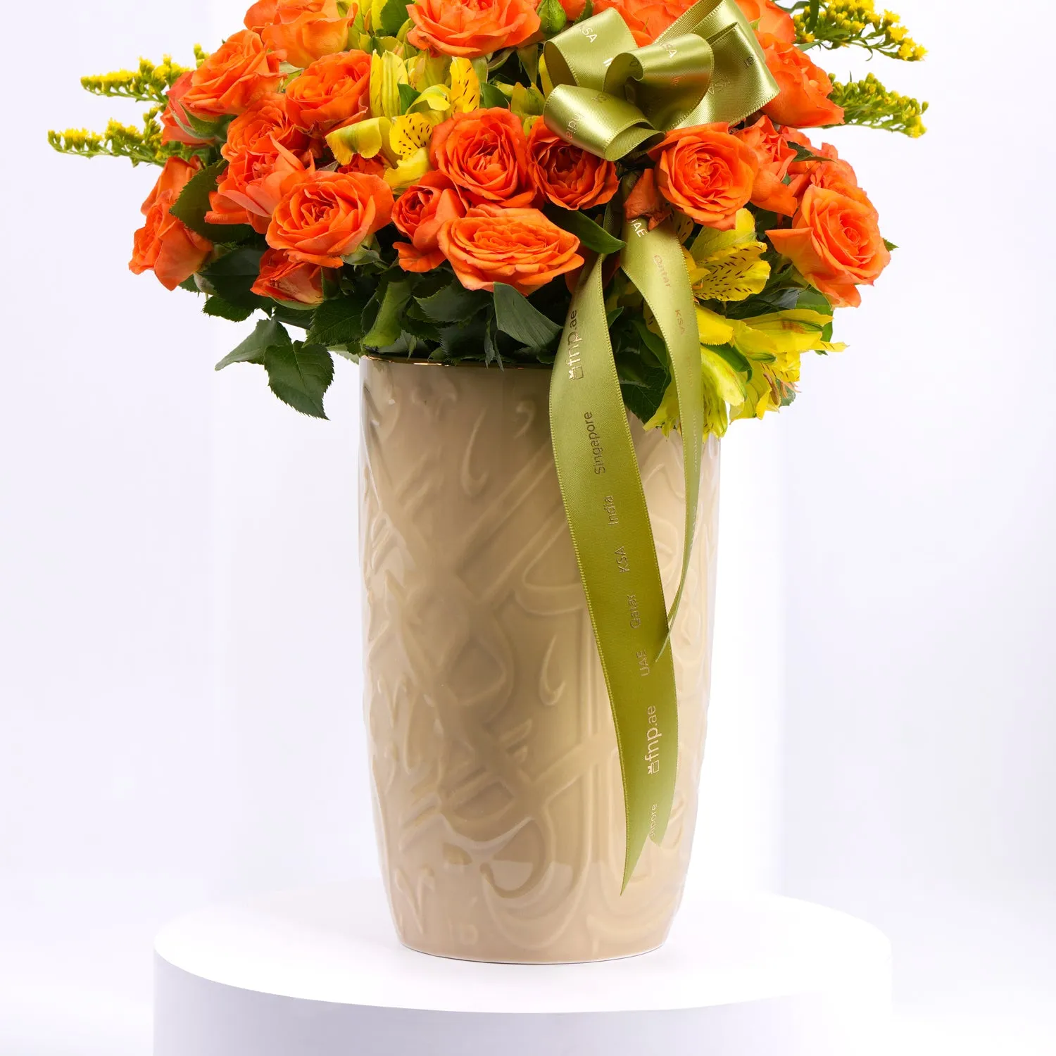 Otantik Home - Elegant Medium Decorative Vase with Orange Roses - Ivory & Gold