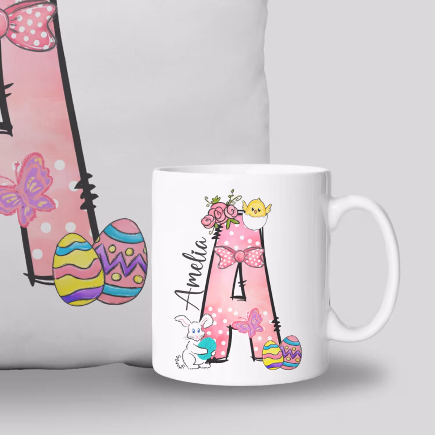 Personalized Easter Name Initial Mug and Cushion Set