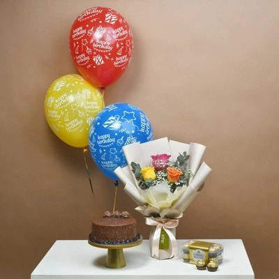 Deluxe Surprise Birthday Gift Combo Set with Roses, Cake, and Balloons