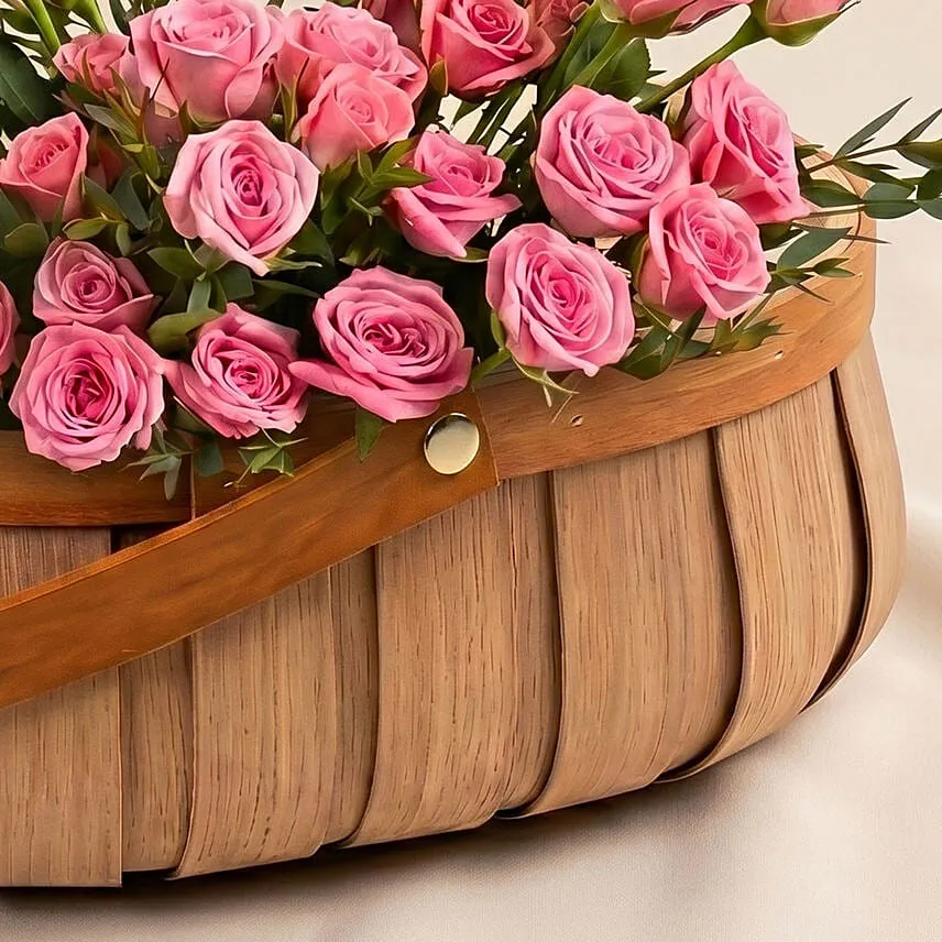Pink Spray Rose in Small Basket