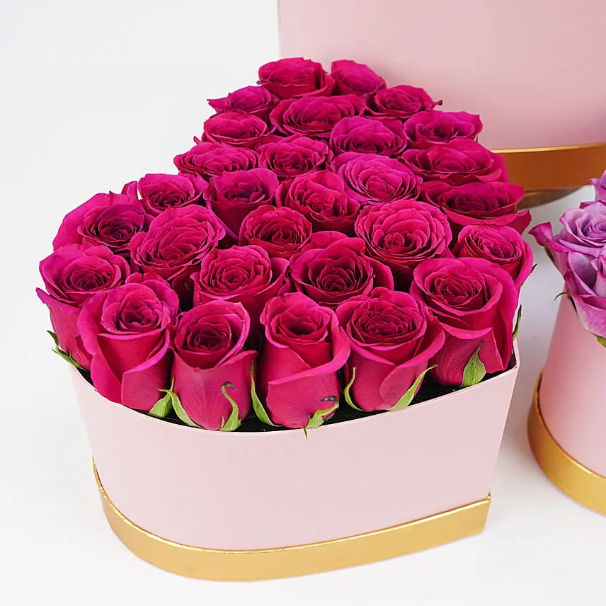 Trio Of Roses Charm In Heart Shape Boxes