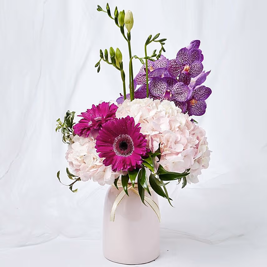 Serene Mixed Flowers Vase Arrangement With Cake