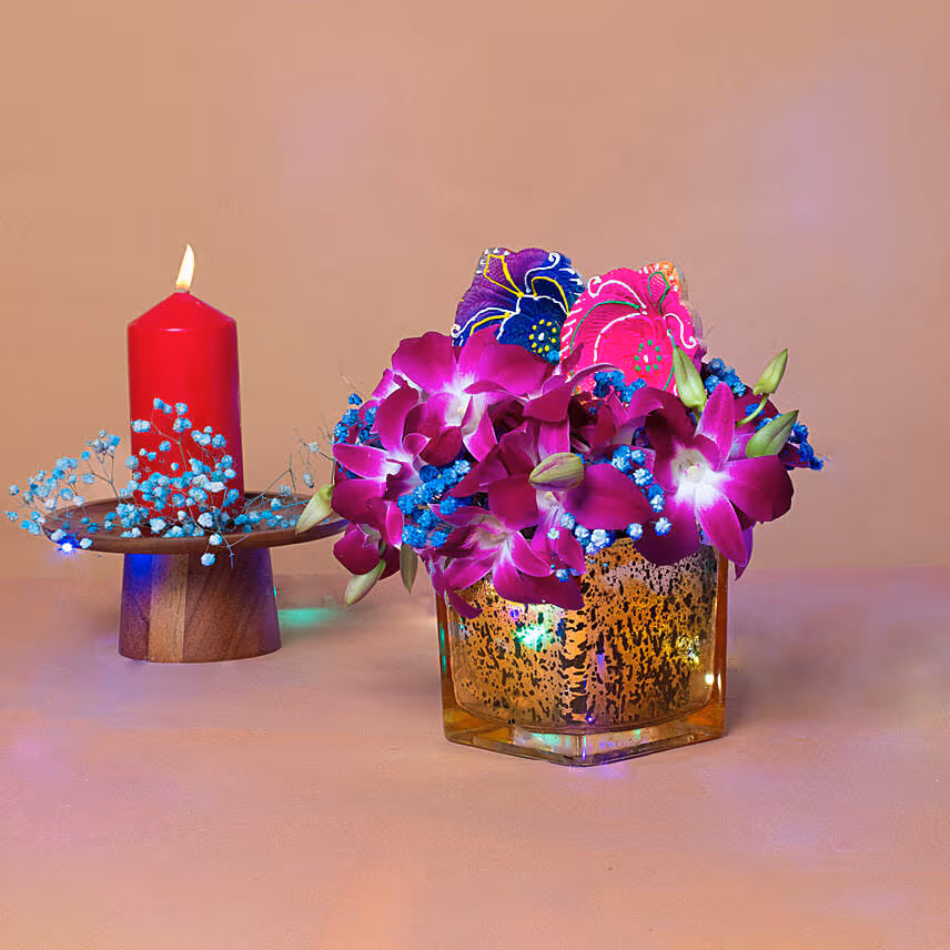 Orchids Vase N Diyas Deepavali Combo